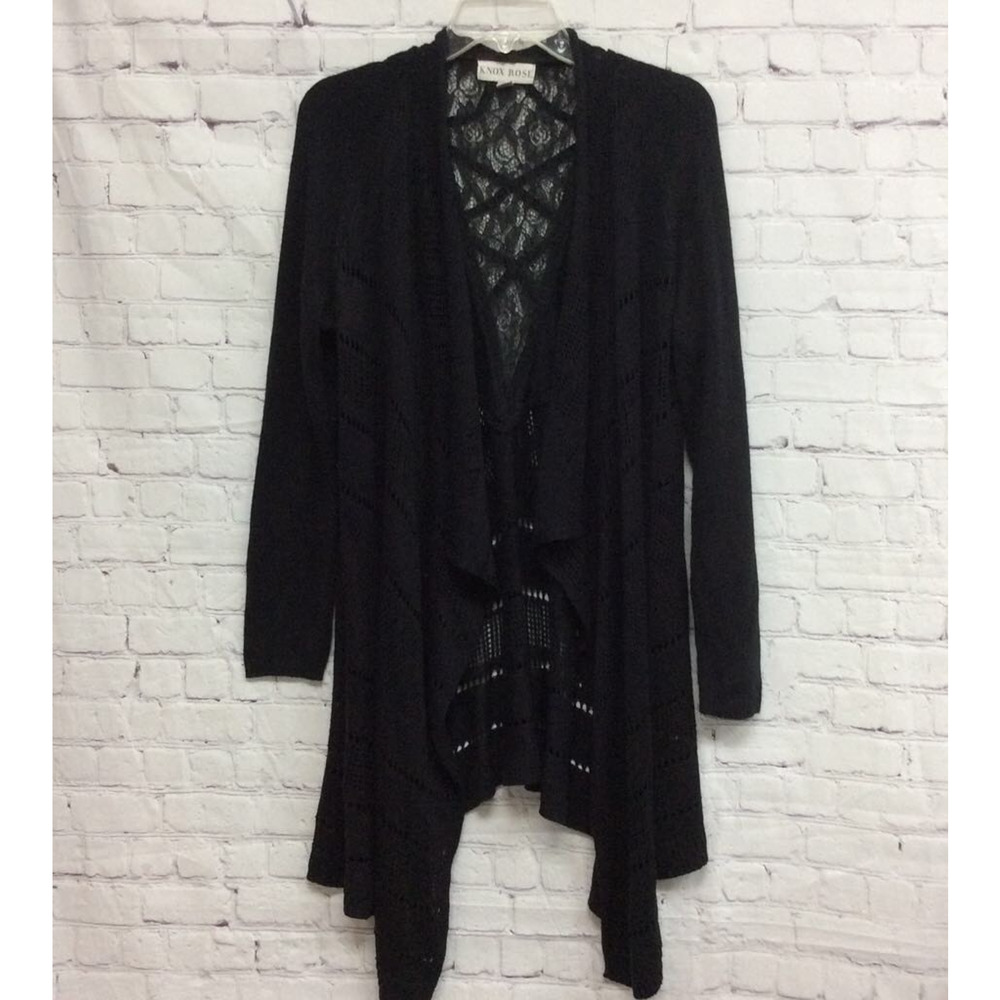 Knox Rose Womens Open Front Cardigan Sweater Black Waterfall Lace 100% Acrylic L